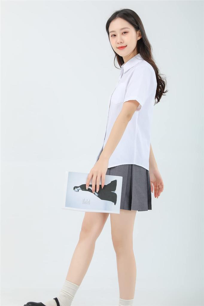 School Short Square Shirt With Pocket [Sharphon] Girls' Shirt, Sleeve, Collar, Plain, Cotton, Top,
