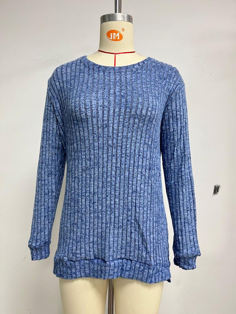 Women's Round Neck Long Sleeve Knit Top Loose Fit Commuter Style Brushed Ribbed Split Hem Casual Pullover Tunic Top