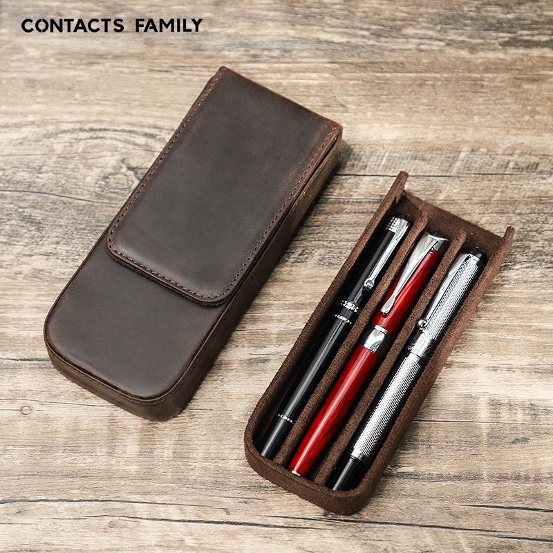 Crazy Horse Leather Pencil Case Three Pack Handmade Magnetic Drawer Student Pen Storage Case