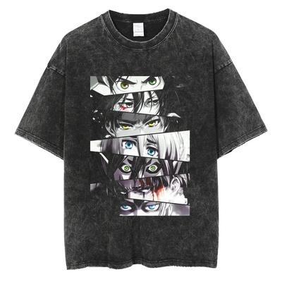 Attack on Titan Shingeki no Kyojin Hauptcharaktere Ikonische Augen Collage Grafischer Druck Vintage Gewaschen Used Look Übergroß Kurzarm Freizeit
