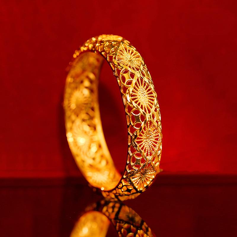 Chinese Dragon & Phoenix Retro Gold Bangle for Bride Xiuhe Dress