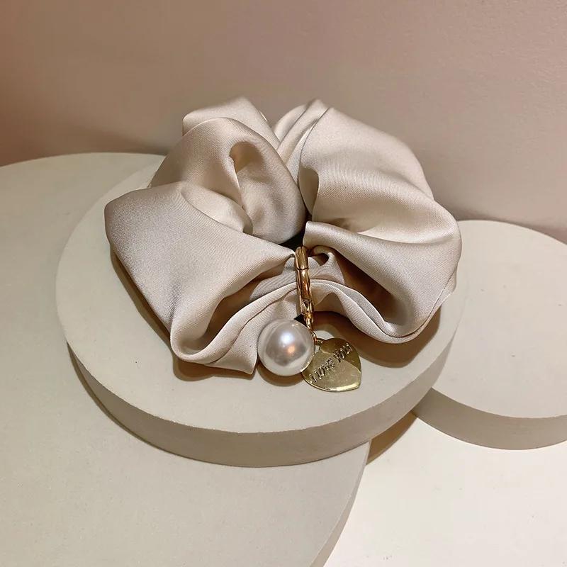 1pcs Vintage Satin Silk Solid Scrunchies for Hair Girls With Gold Heart Pearls for Women Hair Accessories Hairties