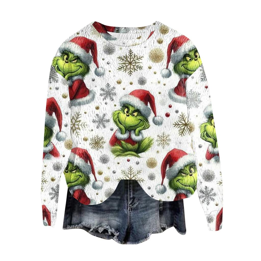 Women's Fashion Round Neck Pullover Top Long Sleeve Tee Christmas Printed Sweatshirt