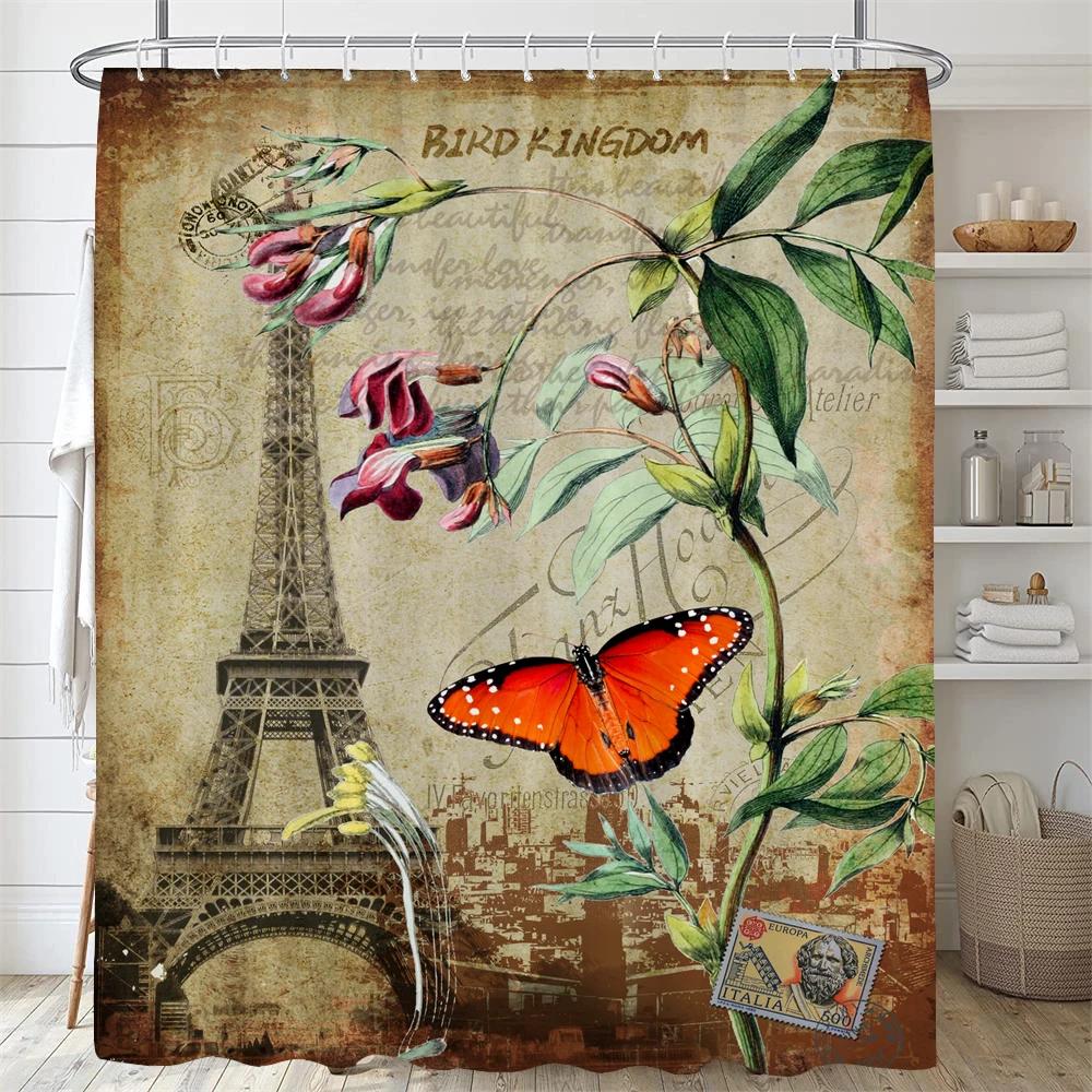 Retro Pariser Turm und Blumen Duschvorhang Druck Modern Nordisch Minimalistisch Polyster Heimdekor Badezimmervorhang mit Haken