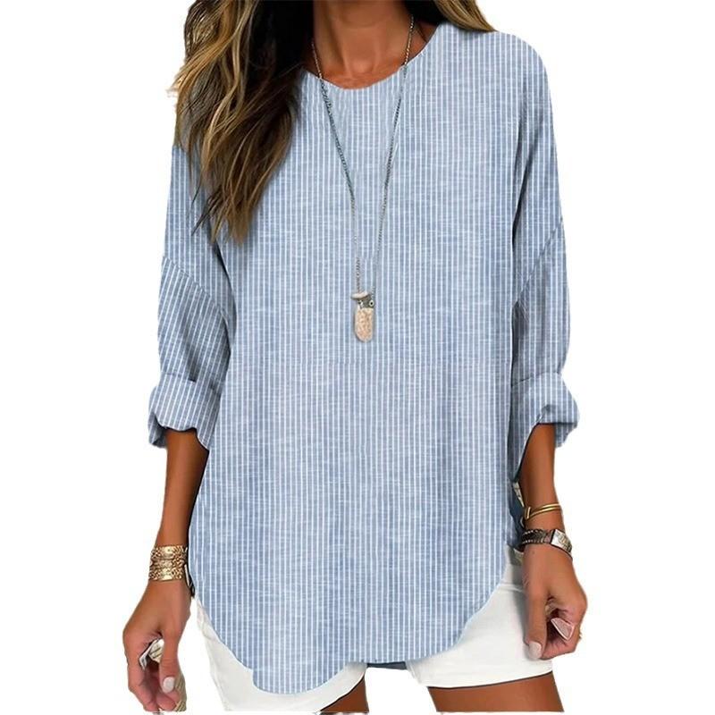 Spring Fashion Womens Striped Cotton Linen Shirt With Patching For Casual Wear