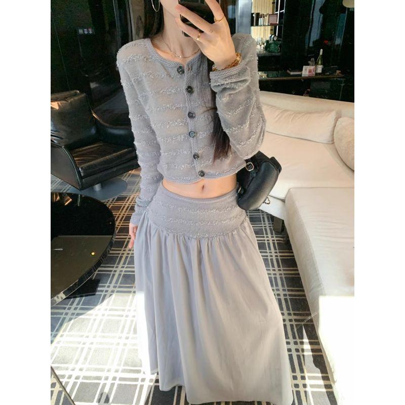 Kumikumi Sweet Style Suit Single-Breasted Long Sleeve Knitwear Women's Autumn High Waist Drooping Skirt Two-piece Set