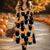 Halloweenowa Damska Sukienka Midi z Nadrukiem Złego Dyni A-Line Sukienka Wakacyjna Codzienna Regularny Krój Długi Rękaw Dekolt V Czarny Wiosna Jesień