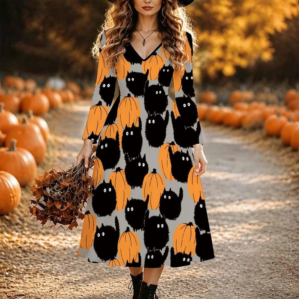 Halloweenowa Damska Sukienka Midi z Nadrukiem Złego Dyni A-Line Sukienka Wakacyjna Codzienna Regularny Krój Długi Rękaw Dekolt V Czarny Wiosna Jesień