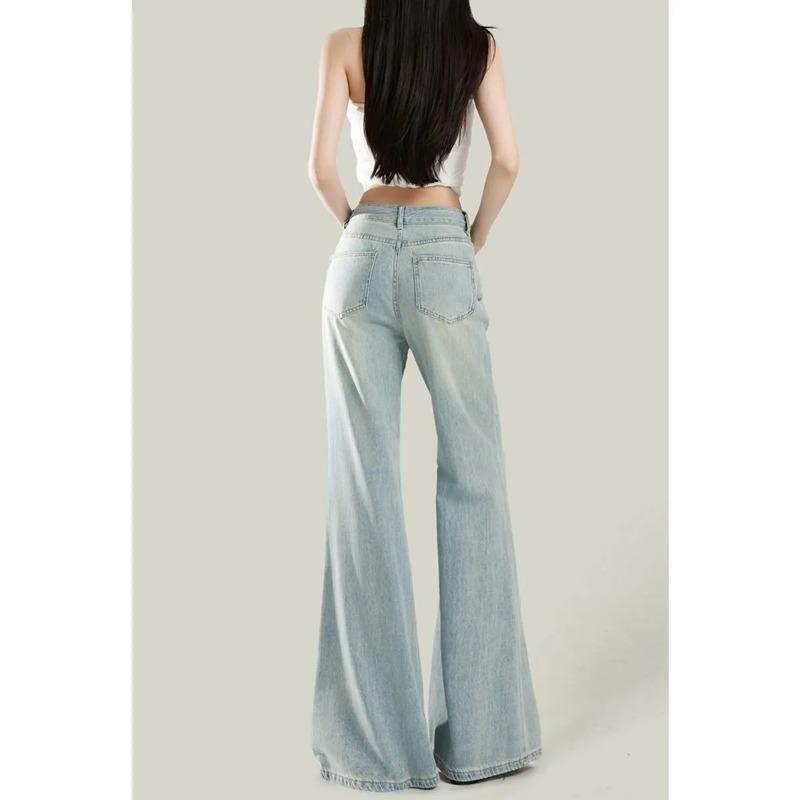 Women's Light Blue High Waist Flare Jeans Retro Washed Denim Pants