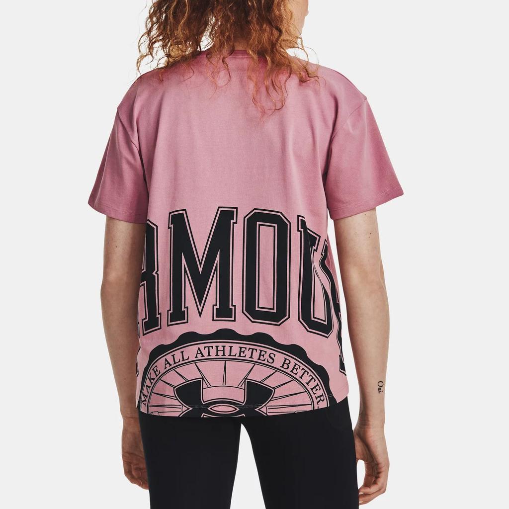 Under Armour Crest Letter Print Round Neck Drop Shoulder Short Sleeve T-Shirt Women T-Shirts Pink 1379391-697