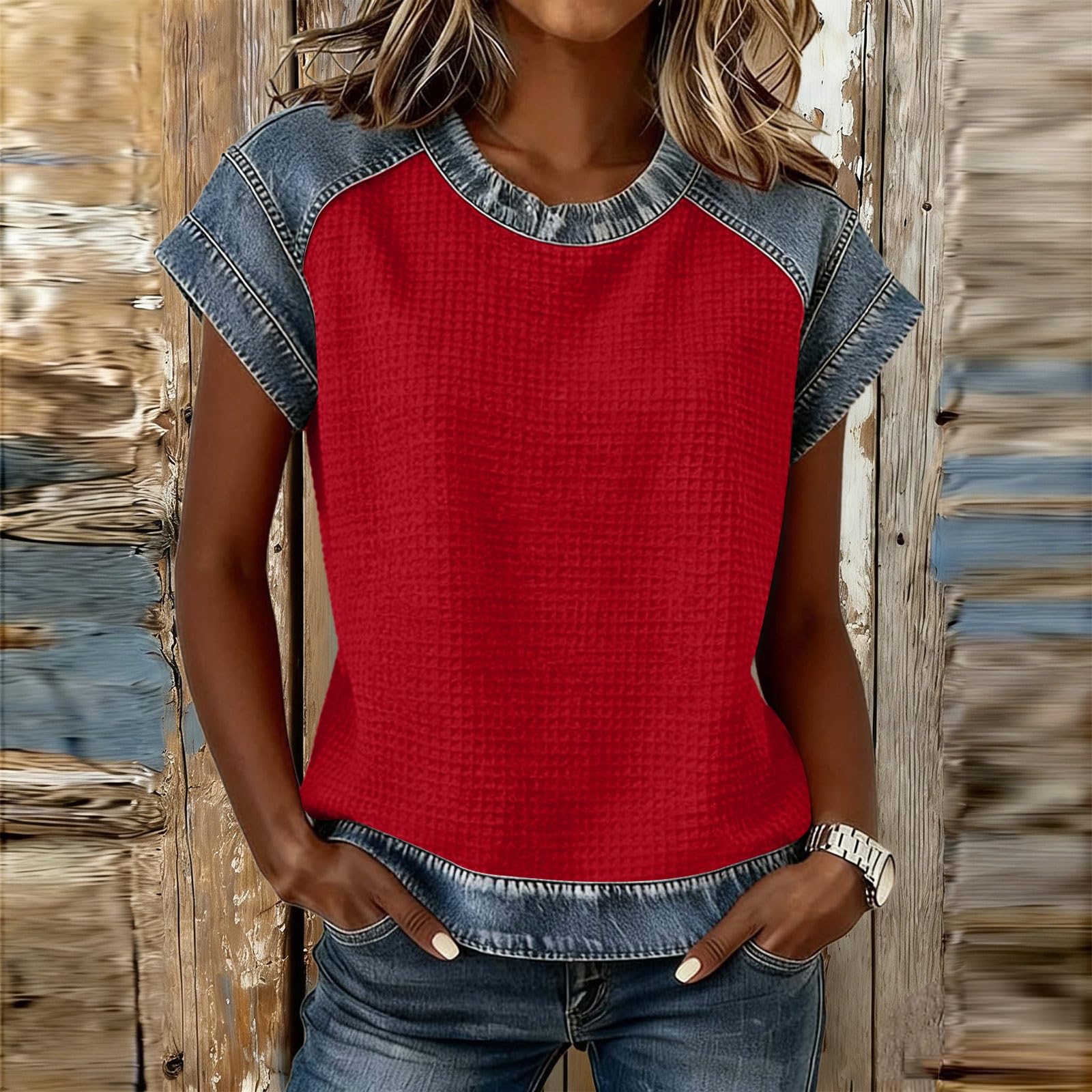 

Women s Color Blocked Casual Fashion Pullover Short Sleeved Top XL червоний