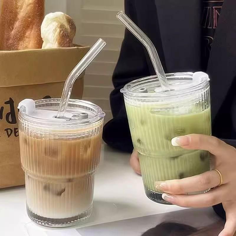 Vertical Stripe Glass Coffee Cup with Lid and Straw - Thickened and Transparent Design