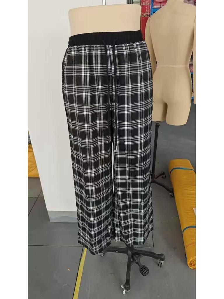 Retro Karo Bodenlange Weitbeinige Hose: Elastischer Bund, Vielseitig, Bequem, Gerades Bein, Lässiger Stil