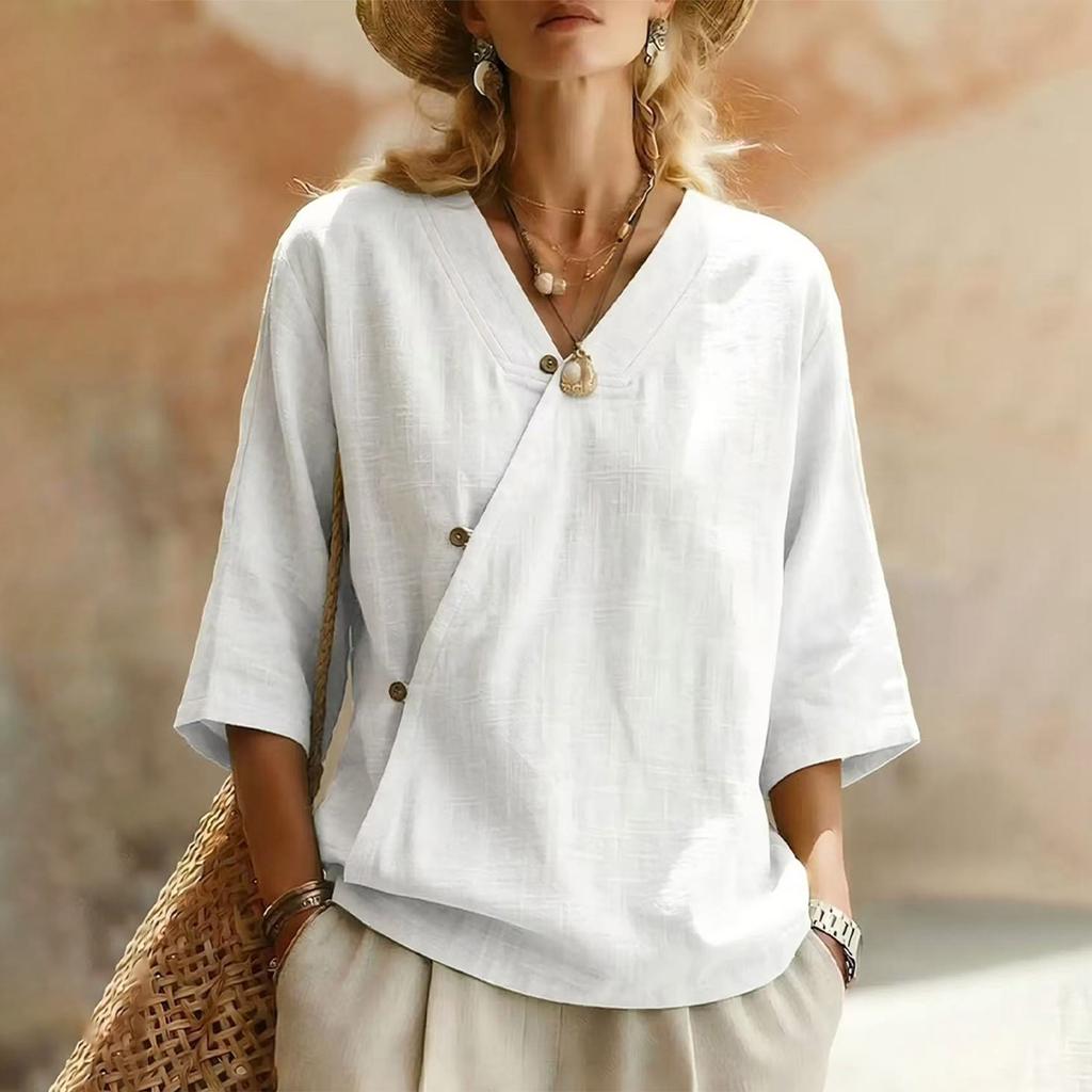 Dames Katoen Linnen Knopen Blouse V-hals 3/4 Mouw Losse Pasvorm Shirt Casual Lichtgewicht Comfortabel Topje voor Dagelijks Gebruik