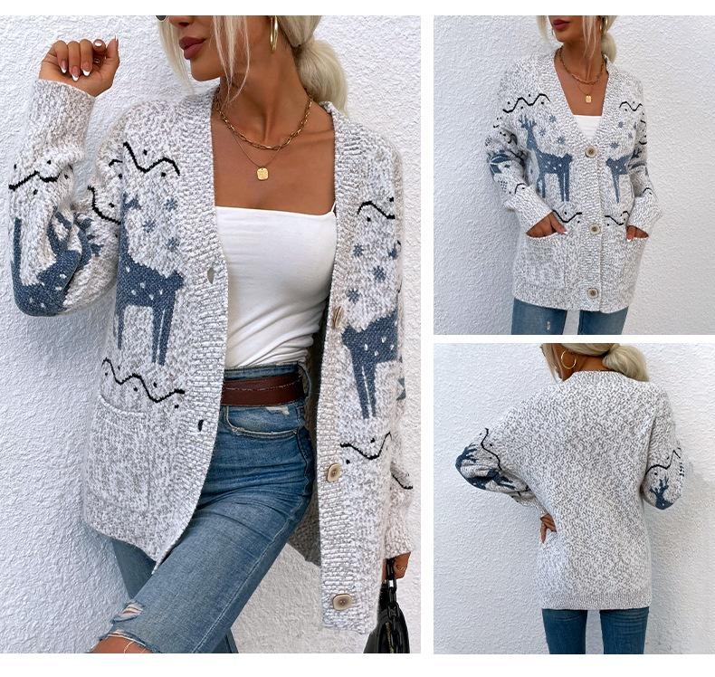 ZIMOXUAN Damen-Strickjacke mit weihnachtlichem Fawn-Motiv, einreihig, langärmelig