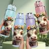 1PC Flower Wearing Cow Cartoon 750ml Color Plastic Sports Water Bottle Leakproof Flip Straw Lid Suitable for Sports Office Home Use