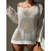Ausgehöhltes, gestricktes, seitlich geschlitztes Cover-Up ohne Bikini, langärmliges, locker sitzendes Cover-Up-Kleid mit Rundhalsausschnitt, Bademode und Kleidung für Damen