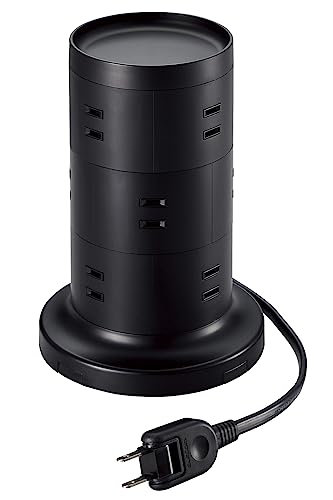 

ELECOM Tower-Style Power Strip Extension Cord [12 Outlets] with Fixing Brackets, Lightning Guard, and Dust Shutter, 2m, Black, TT-03-1220BK