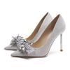 Silver Leather High Heels Women's New Pointed Tip Thin Heel Rhinestone Butterfly Sexy Temperament Coming of Age Shoes