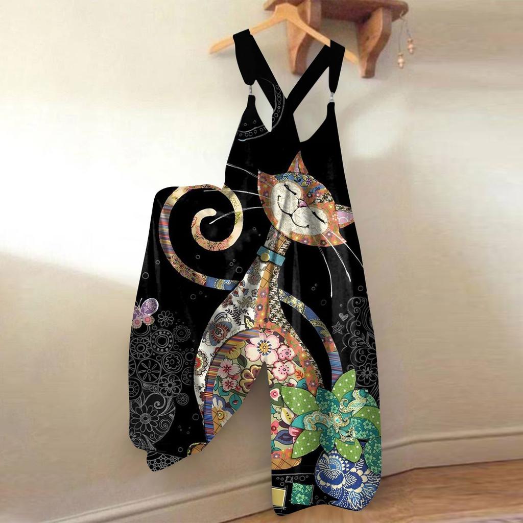 Wide Leg Overalls For Women Casual Loose Sleeveless Jumpsuits Retro Print Metal Button Long Pant Romper Jumpsuit With Pockets