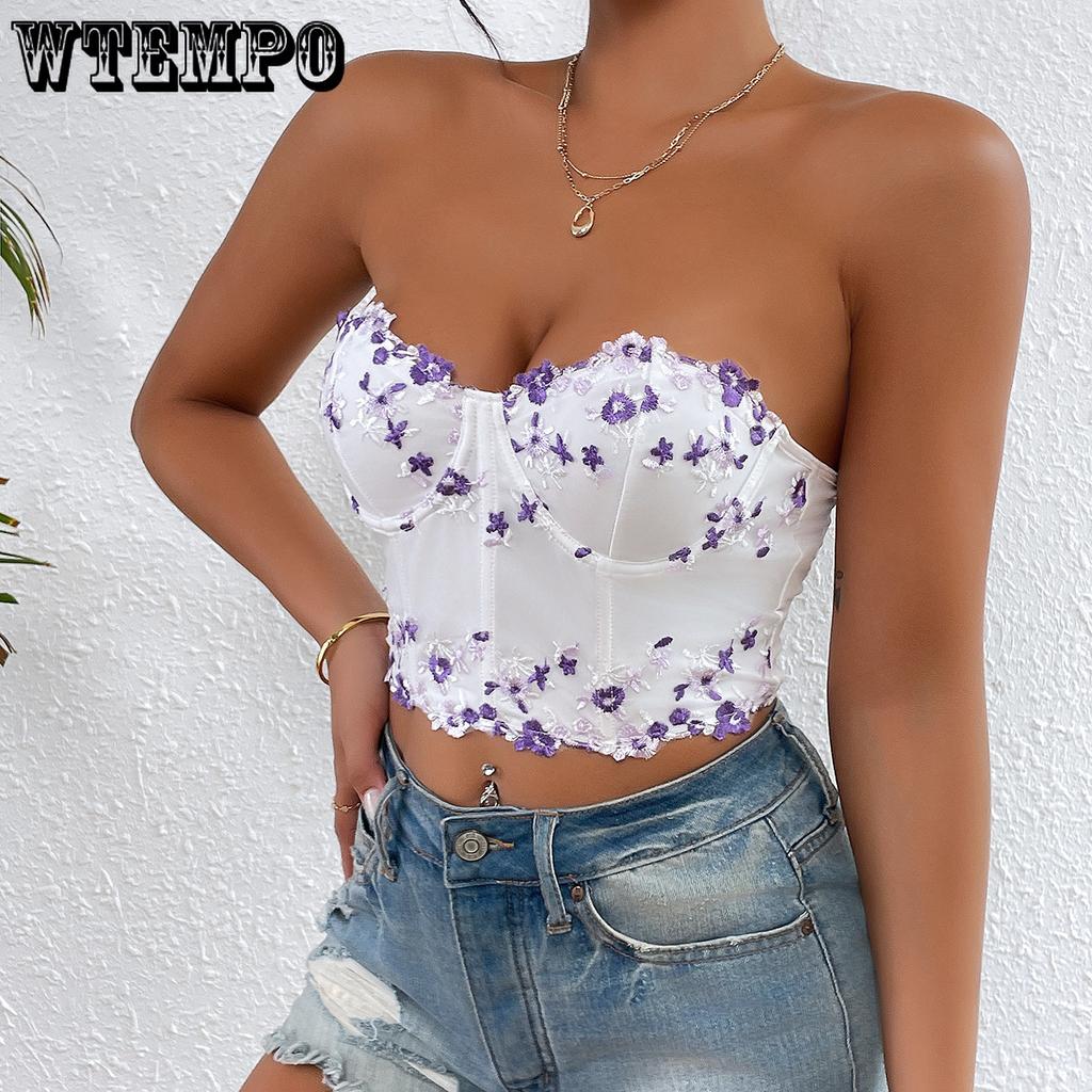 Lace Fragmented Flowers Embroidered Top Trend Have Cash Less  Navel Exposed Breastplate Undergarment Covering The Chest and Abdomen Tops