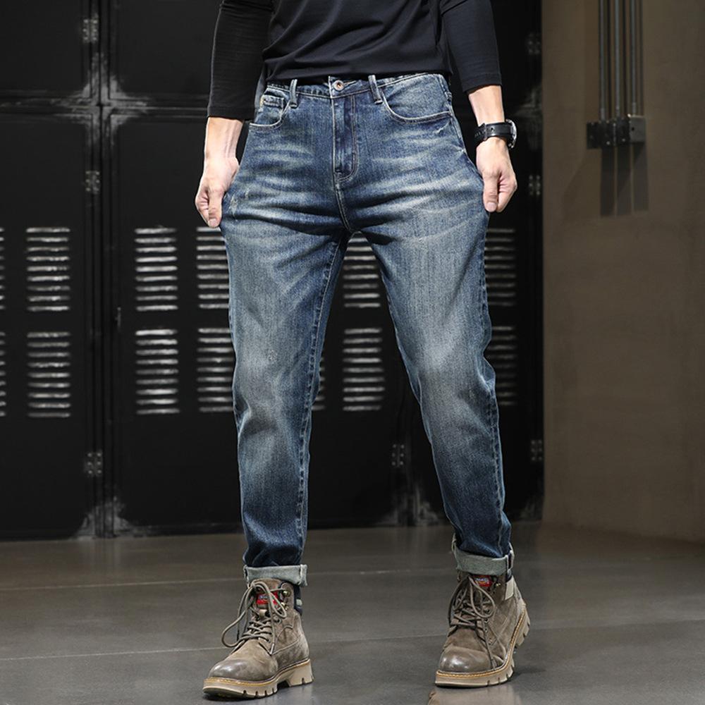 European version jeans men's slim-fitting straight pants stretch denim casual men's pants retro trend men's commuter long pants