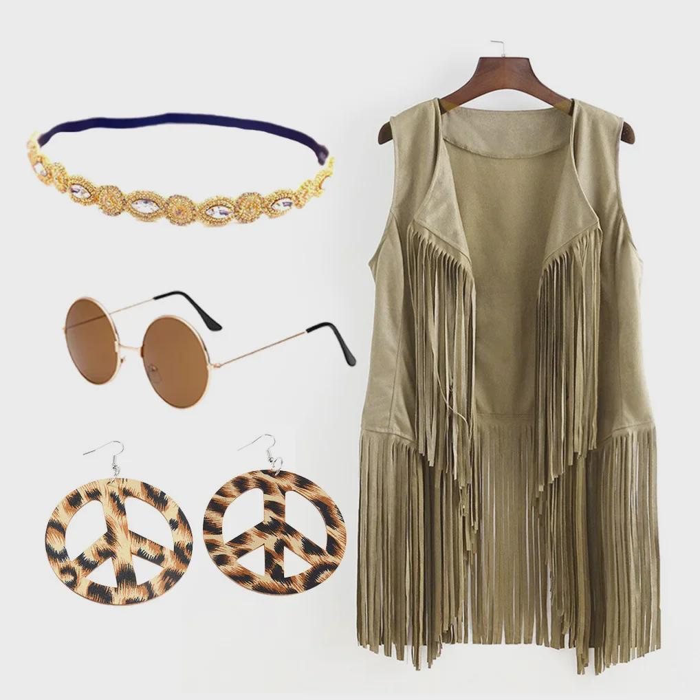 60er Jahre Hippie Kostümset: Damenweste mit Quaste und Retro-Cosplay-Outfit