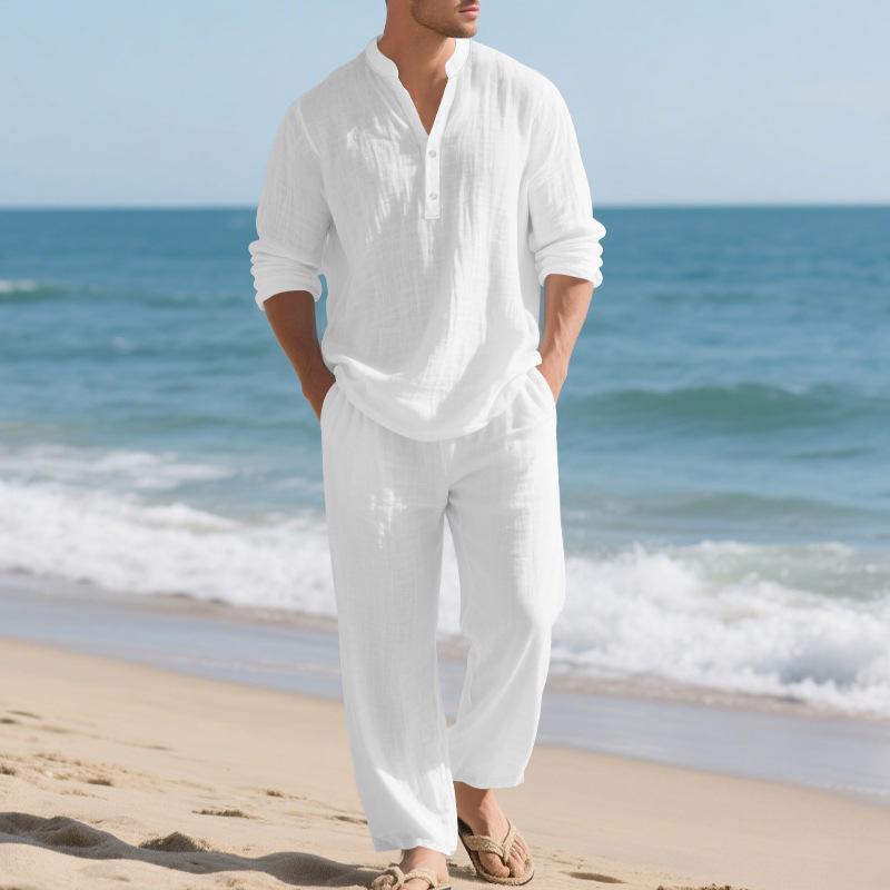 Men Loose Casual Breathable V Neck Long Sleeve Henley Shirt And Long Pants Set