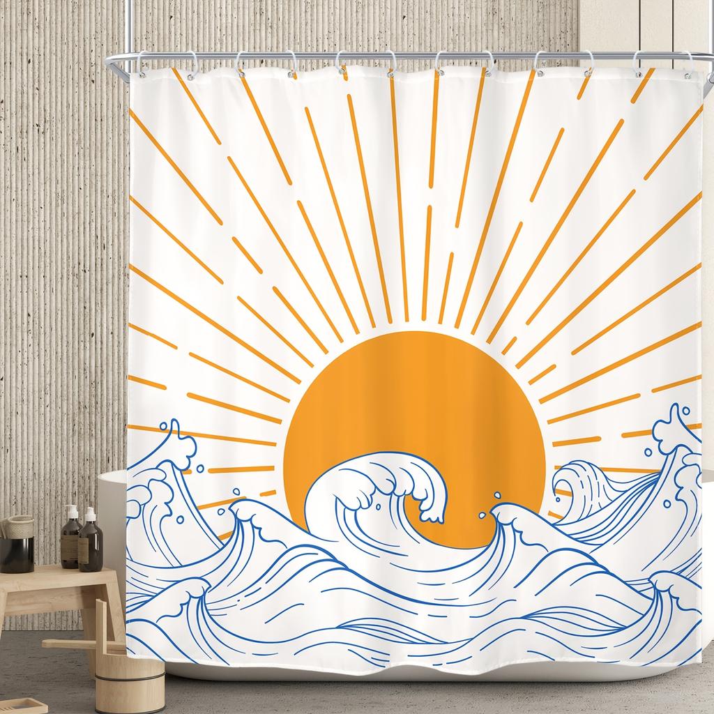 Sun Wave Shower Curtain - Abstract Retro Sunrise/Sunset Lines, Modern Mid-Century Design, Waterproof,Bath Decor