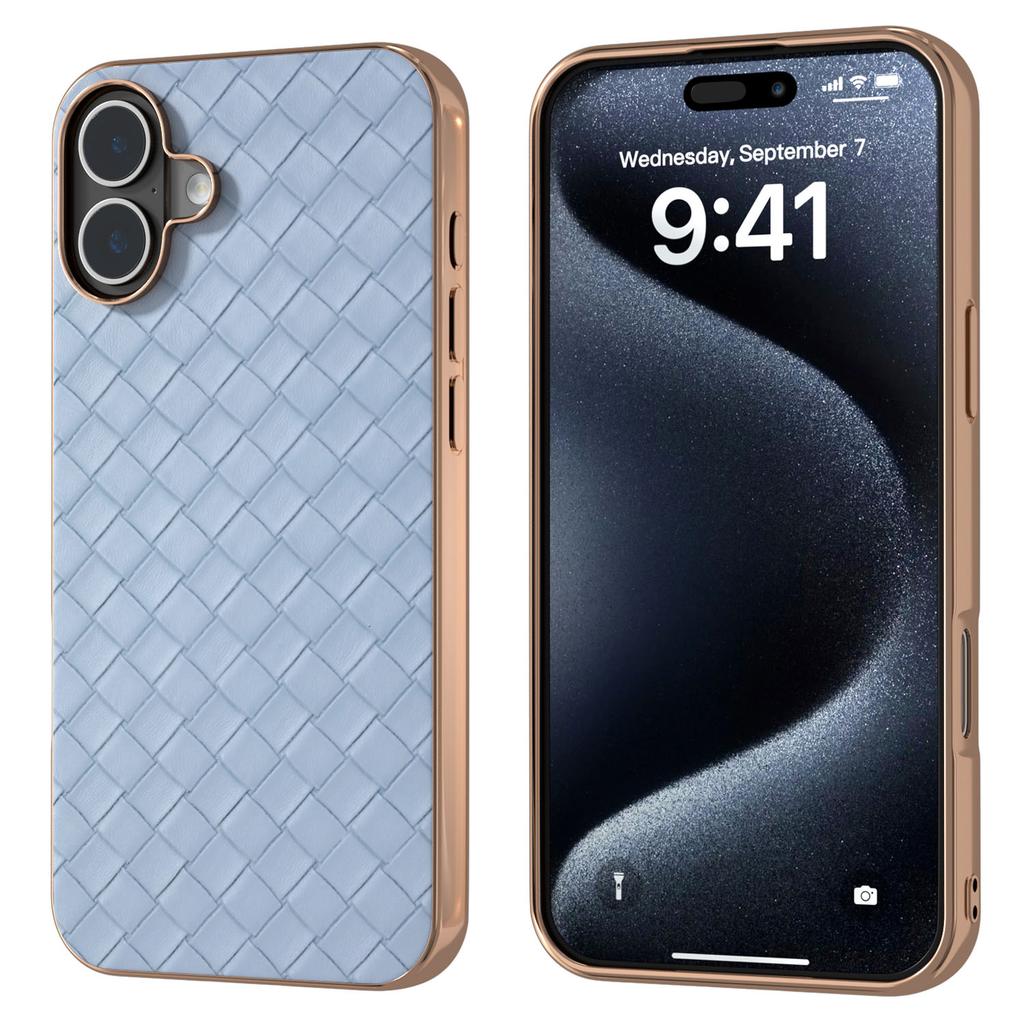 For iPhone 16 Plus Case Woven Texture Electroplating Edge Leather Coated PC+TPU Phone Cover