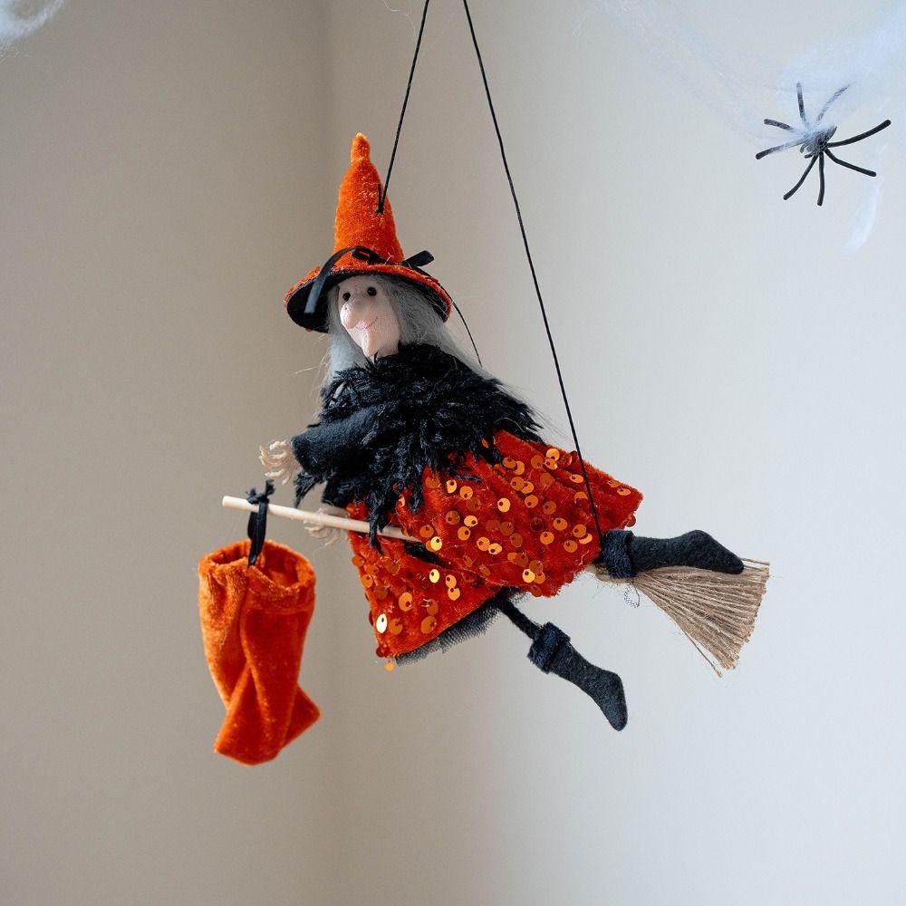 Multicolor Halloween Hanging Decoration Cartoon Pumpkin Ghost Riding a Broomstick Witch Drop Ornament Scene Dress Up