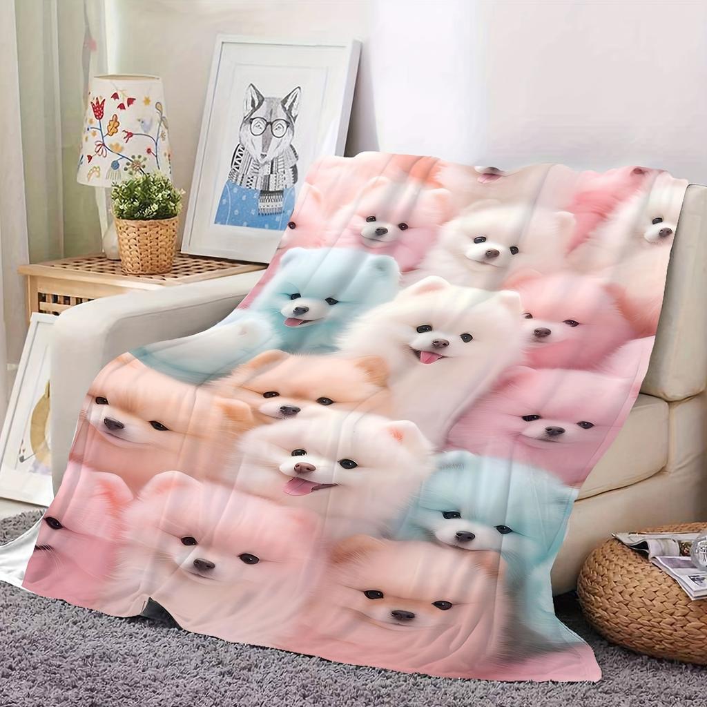 Adorable Pomeranian Puppy Blanket - Soft Cozy Throw with Pastel Colors, Perfect for Bedroom Decor, Unique Gift for Dog Lovers