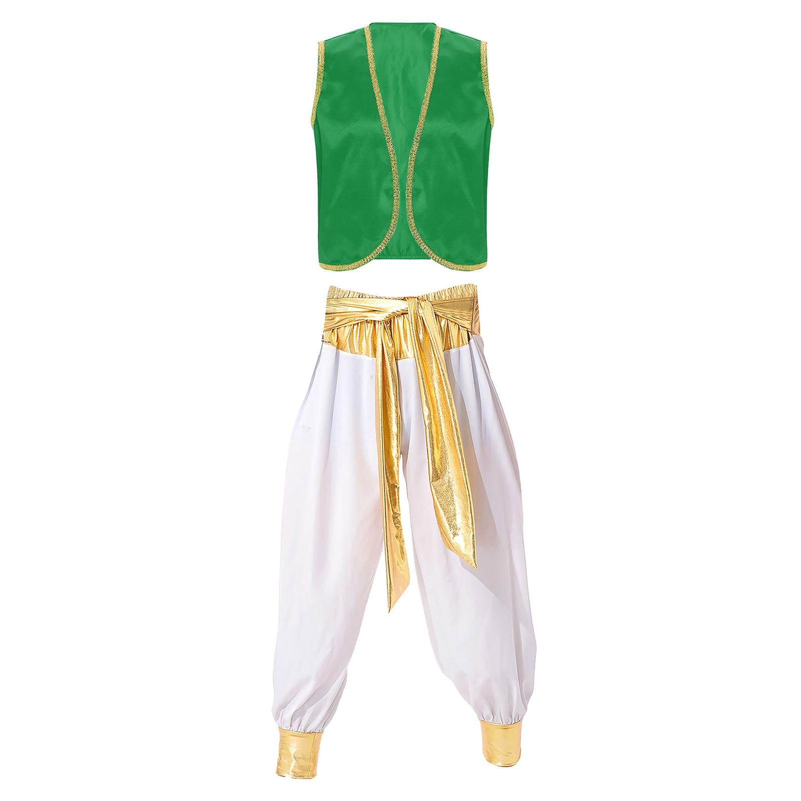 

Mens Arabian Prince Costume Set Sleeveless Braided Trimming Open Front Waistcoat Elastic Waistband Patchwork Pants 3XL білий/зелений