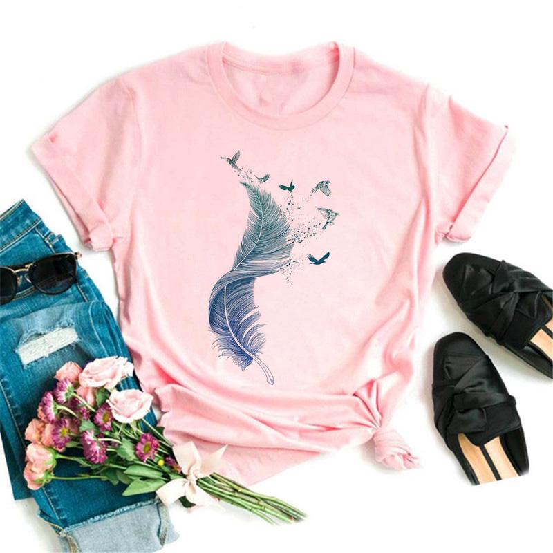 Women's T-shirt Watercolor Feather Graphic Printed T Shirt Women Short Sleeve Tshirt 90s Streetwear Female Clothes Tops