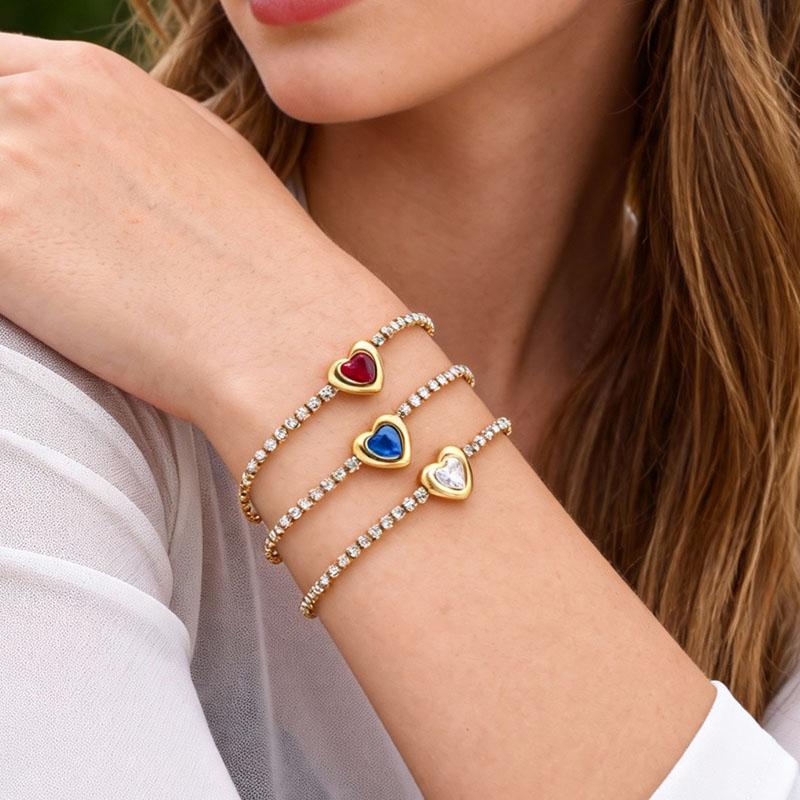 Edelstahl Tennis Kette Herzform Zirkonia Armband für Damen, Elegant 18K Gold Plated Verstellbar Wasserdicht Anlaufgeschützt