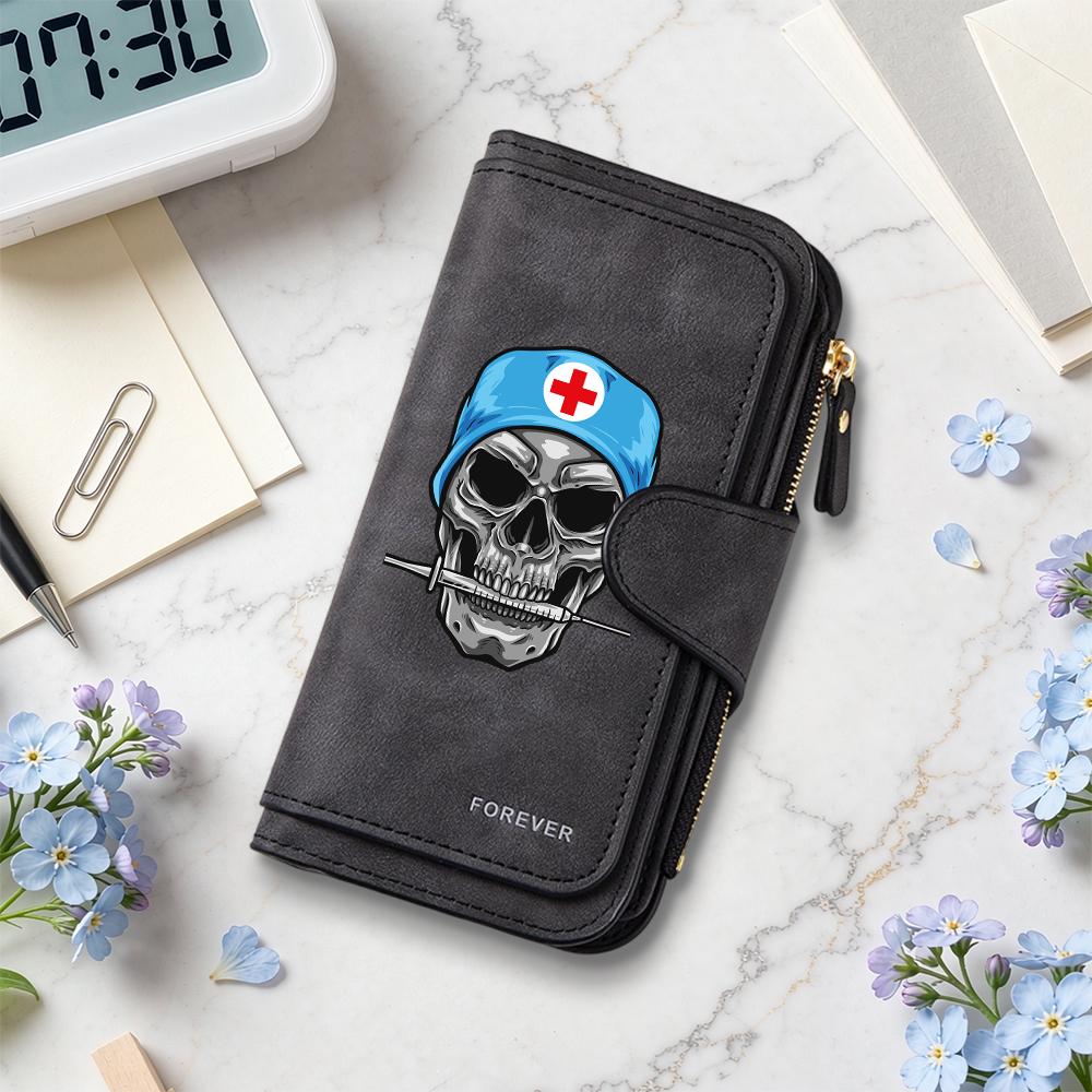 Gothic Skull Nurse Pattern Long Wallet Forever Printed Credit Card Holder Multi Slot Portable Purse