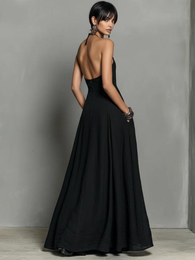 European and American Summer Sleeveless Halter Dress with Pockets – Elegant Slim Fit, Solid Color
