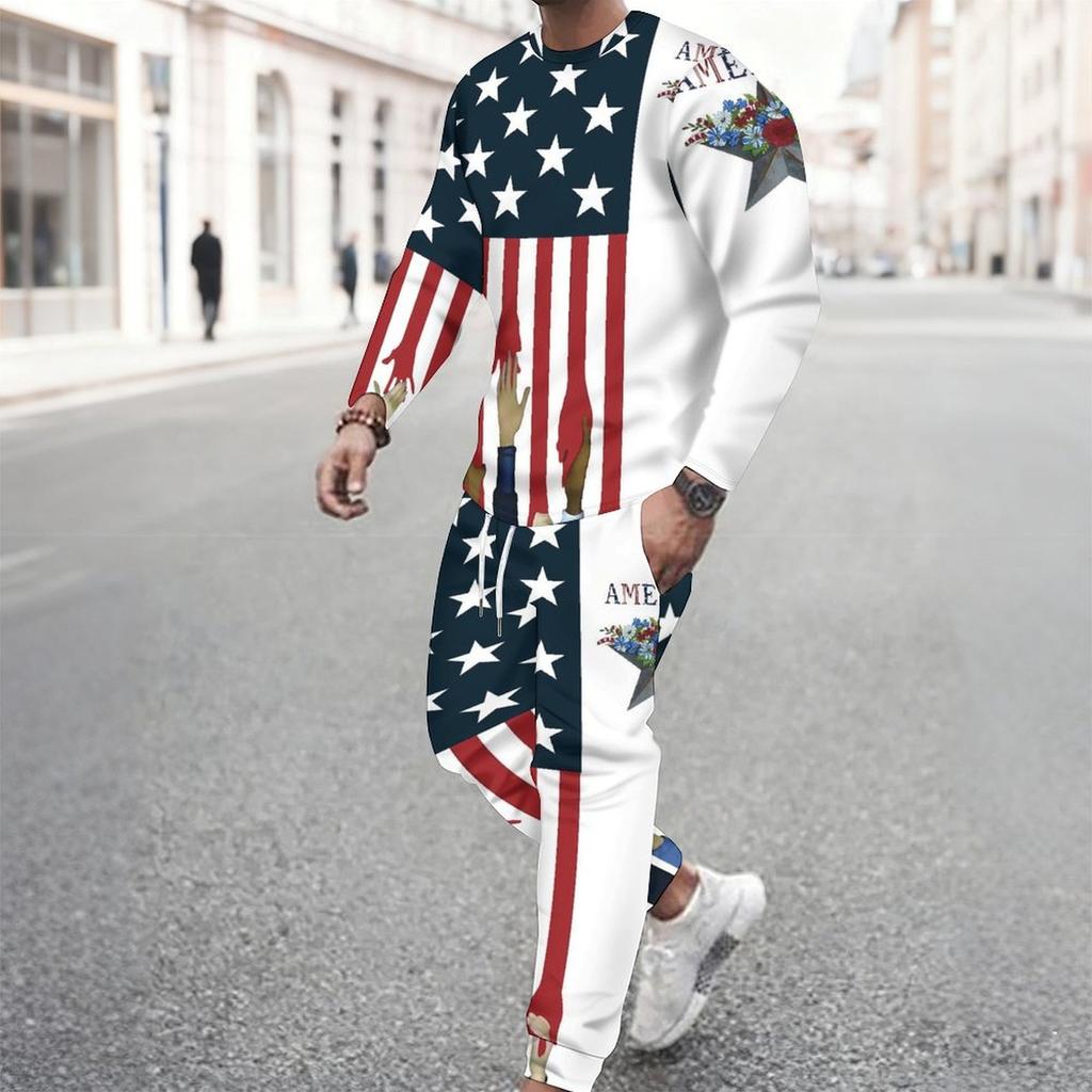 Men Split Usa Flag Star Floral Hand Print Long Sleeve Sweatshirt And Drawstring Jogger Pants Two Piece Suit