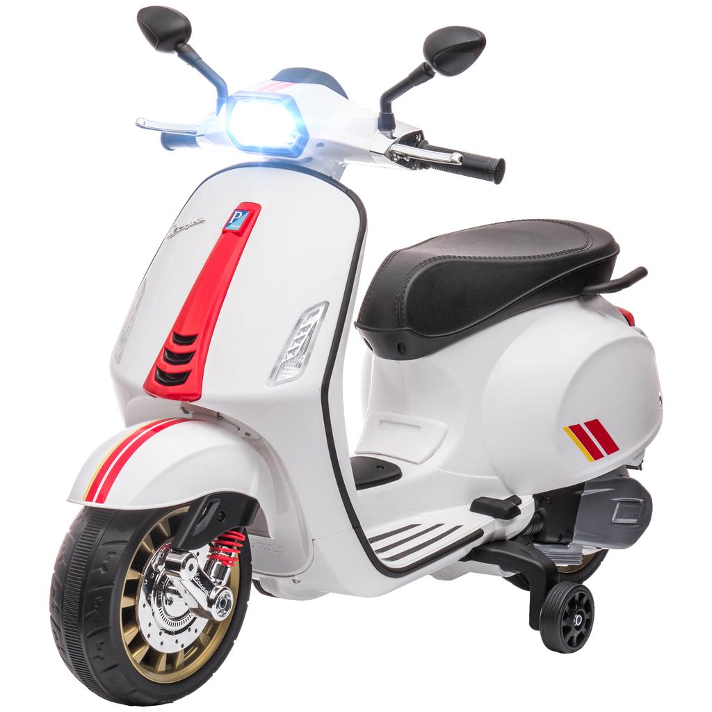 12V Vespa Licensed Kids Electric Motorbike w/ Music, Lights, FM Radio, for 3-6 Years - White