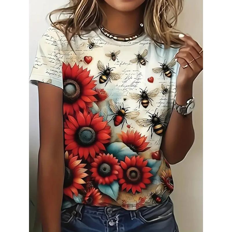 Summer Round Neck 3D bee Pattern Print Top Fashionable Casual Short Sleeved Women's T-shirts