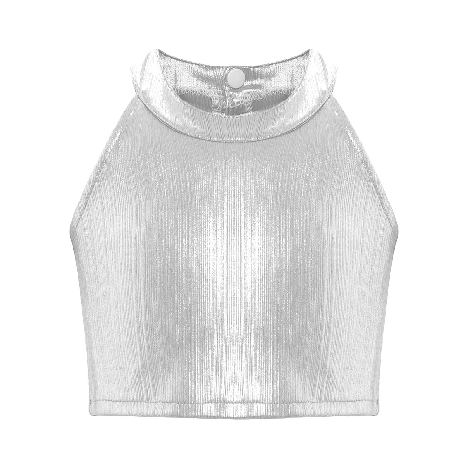 

Блискучий металевий топ без рукавів для дівчаток, призначений для сценічного вбрання в джазовий балет та хіп-хоп срібний