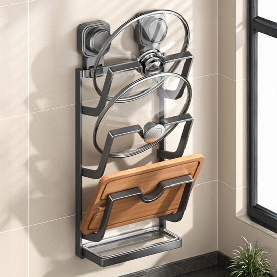 Wall-Mounted Pot Lid Holder Suction Cup Kitchen Pot Lid Organizer Pan Lid Storage Rack with Removable Drip Tray for Cutting Board