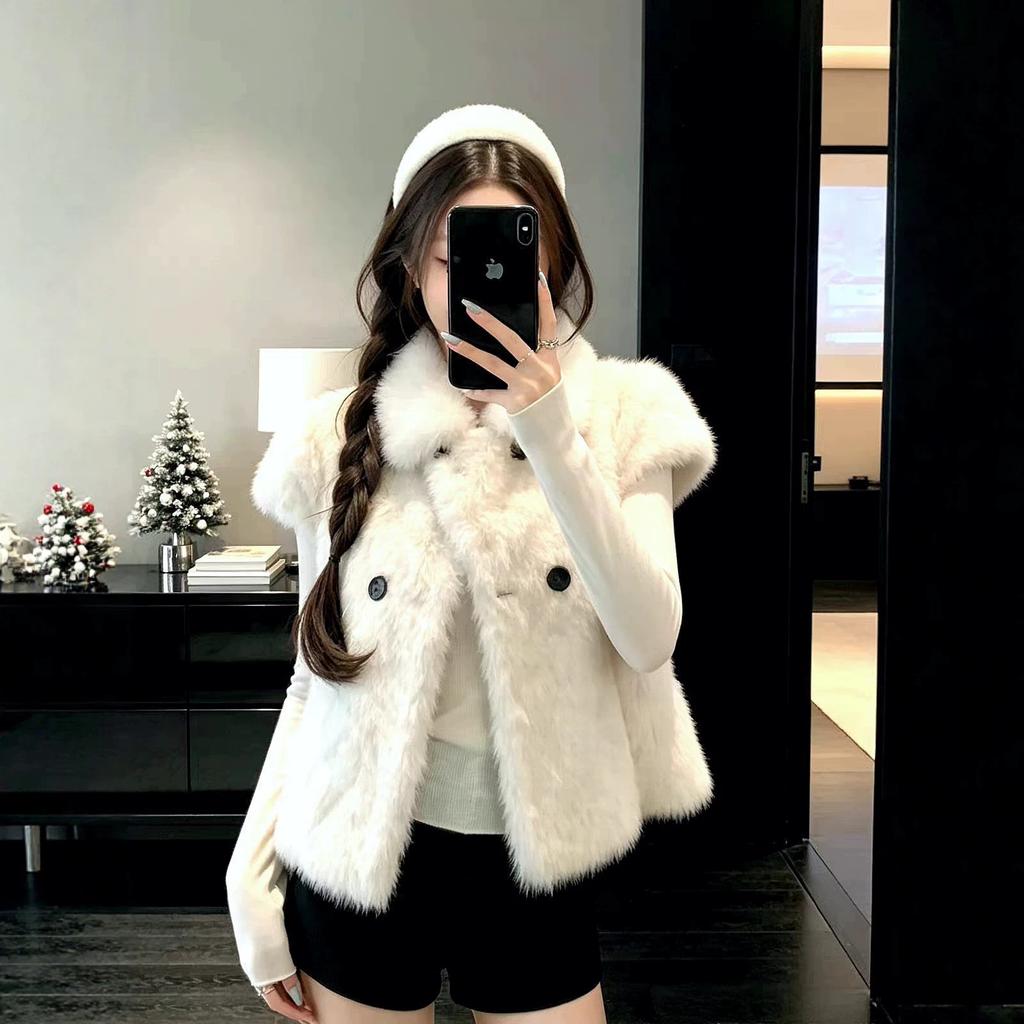 'Milk coffee small vest 'ring bag small cape vest fluffy jacket women's autumn and winter fur integrated small man