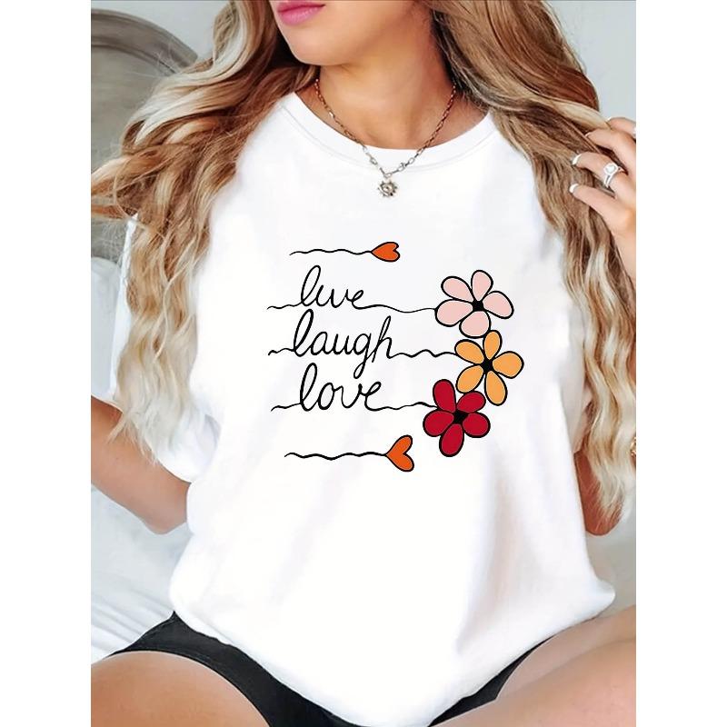 

Большой размер, Графический принт Live Laugh Love, Женская футболка большого размера, Повседневная футболка с коротким рукавом и круглым вырезом для лета и весны, Женская одежда S белый