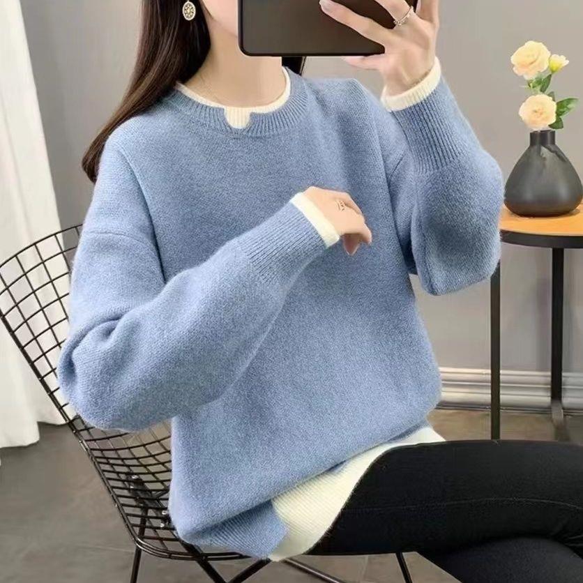 Pull épais en maille grande taille pour l'automne/hiver - Coupe ample, style coréen, look deux pièces, tricot décontracté pour femmes