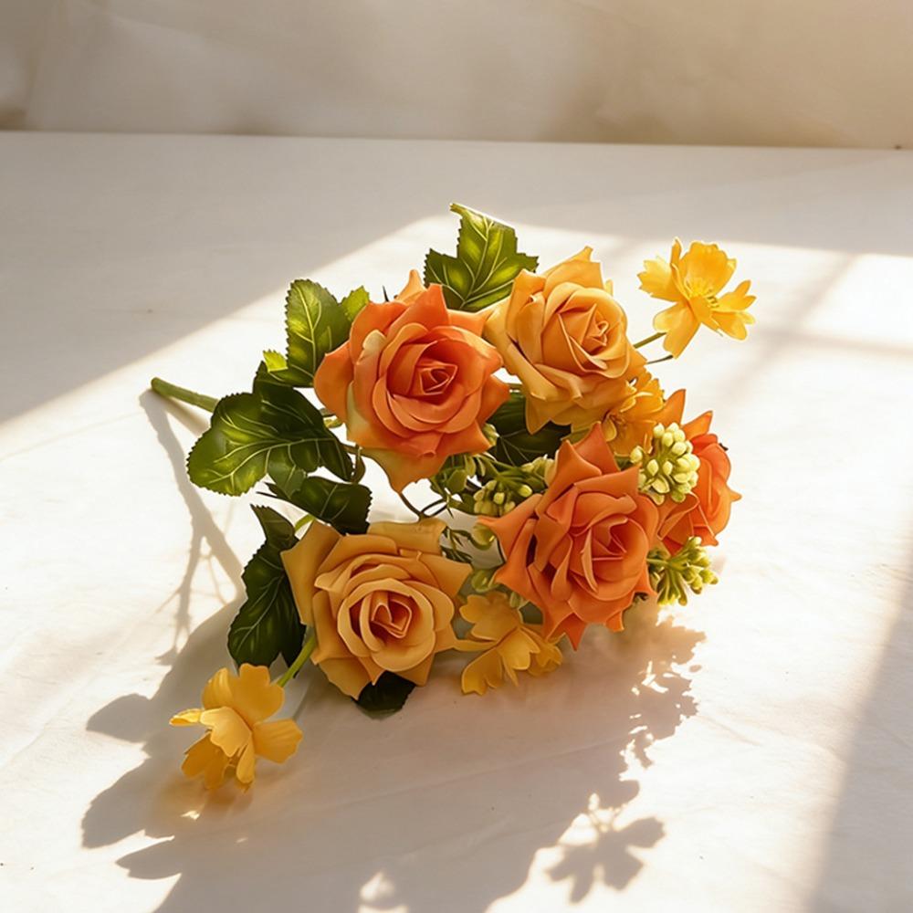 

5 Heads Roses Artifiical Flower Branch Flexible Stems 28cm Height Simulation Flower with Green Leaves Roses Fake Flower помаранчевий