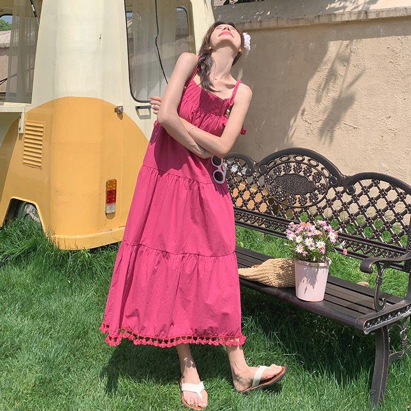 Niche Design Tassel Strappy Dress - Women's Elegant Summer Beach Vacation Style, Loose and Slimming Long Skirt