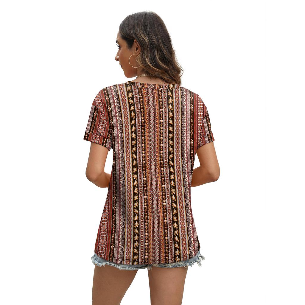 Women's V Neck Short Sleeve Casual Top Lightweight Loose Fit Pullover Blouse with Printed Pattern for Spring Summer Wear