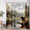 Brown Bear Animal Print Shower Curtain Forest Scenery Snow Mountain Stream Natural Landscape Polyester Bath Curtain With Hook