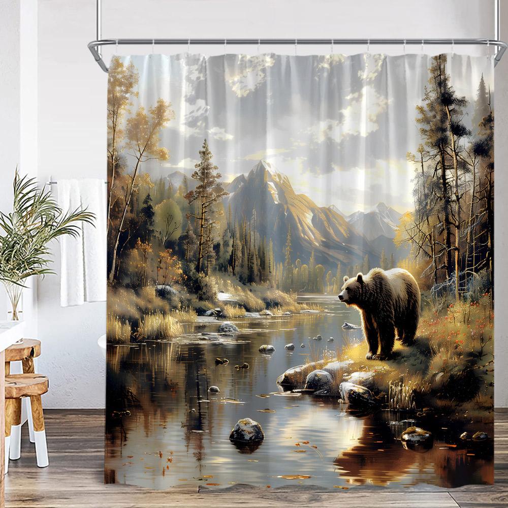 Brown Bear Animal Print Shower Curtain Forest Scenery Snow Mountain Stream Natural Landscape Polyester Bath Curtain With Hook
